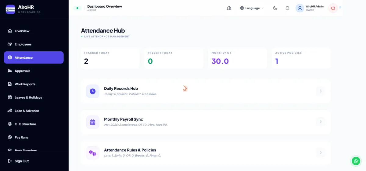 Attendance hub with monthly payroll sync (demo company)